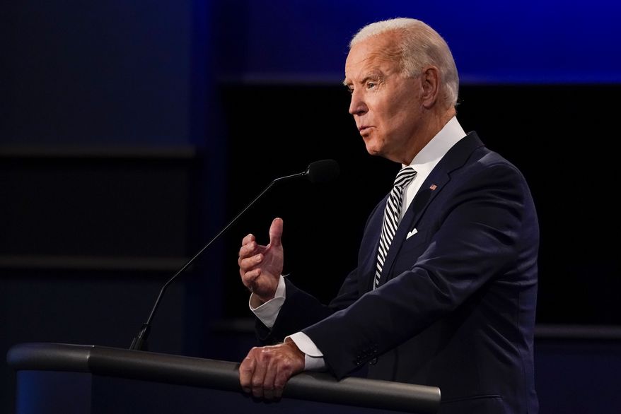 Democratic presidential candidate former Vice President Joe Biden speaking during the first presidential debate Tuesday, Sept. 29, 2020, at Case Western University and Cleveland Clinic, in Cleveland, Ohio. (AP Photo/Julio Cortez)