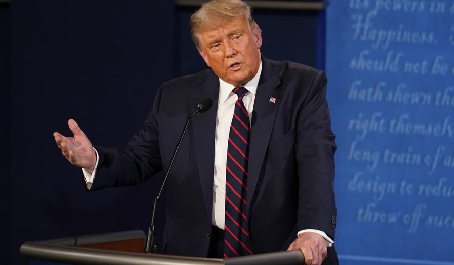 President Donald Trump response to Democratic presidential candidate former Vice President Joe Biden during the first presidential debate Tuesday, Sept. 29, 2020, at Case Western University and Cleveland Clinic, in Cleveland, Ohio. (AP Photo/Morry Gash, Pool)