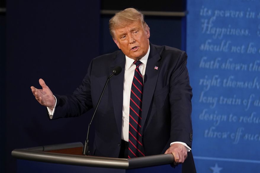 President Donald Trump response to Democratic presidential candidate former Vice President Joe Biden during the first presidential debate Tuesday, Sept. 29, 2020, at Case Western University and Cleveland Clinic, in Cleveland, Ohio. (AP Photo/Morry Gash, Pool)