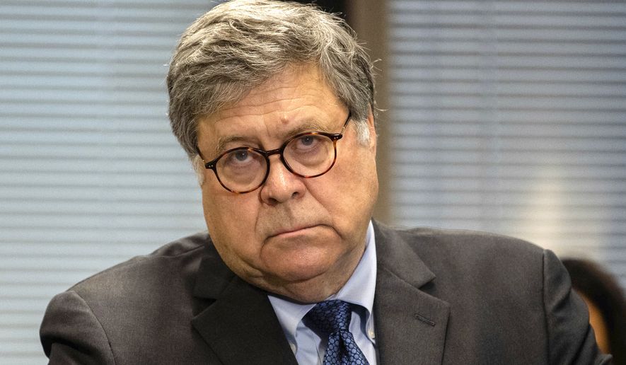 In this Wednesday, Sept. 9, 2020, file photo, U.S. Attorney General William Barr speaks during a press conference at the Dirksen Federal Building in Chicago. (Pat Nabong/Chicago Sun-Times via AP, File)