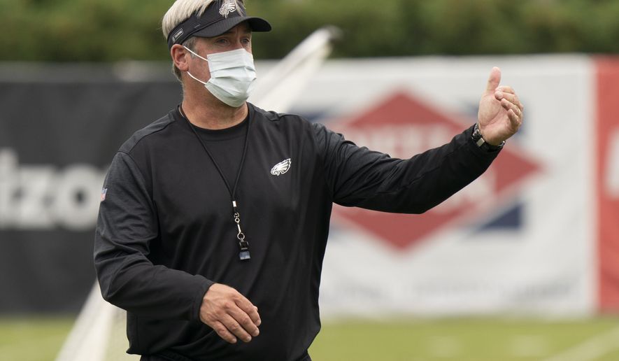 Philadelphia Eagles head coach Doug Pederson directs the practice during an NFL football practice, Thursday, Sept. 24, 2020, in Philadelphia. (AP Photo/Chris Szagola, Pool)