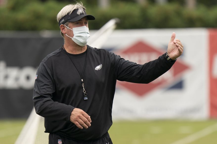 Philadelphia Eagles head coach Doug Pederson directs the practice during an NFL football practice, Thursday, Sept. 24, 2020, in Philadelphia. (AP Photo/Chris Szagola, Pool)