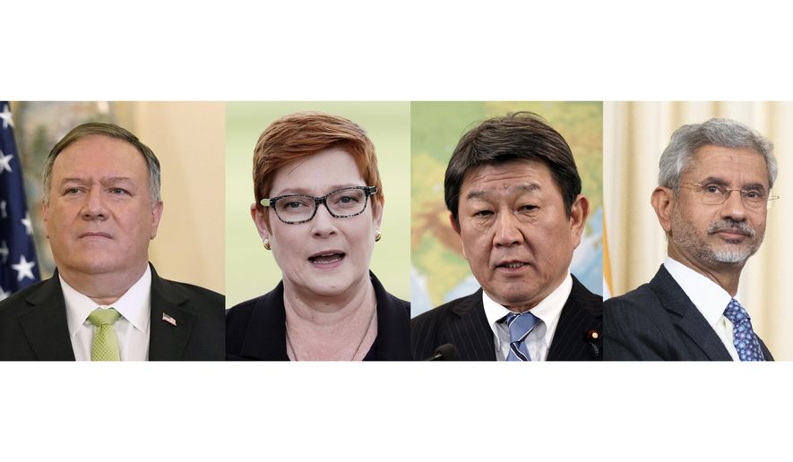 In this combination image shows left to right; U.S. Secretary of State Mike Pompeo, Sept. 21, 2020, Australian Foreign Minister Marise Payne, May 18, 2020, Japan&#39;s Foreign Minister Toshimitsu Motegi, Jan. 17, 2020, and Indian Foreign Minister Subrahmanyam Jaishankar, Aug. 28, 2019. All for of these top diplomats from the U.S., Australia and India will gather in Tokyo next week for “quad” talks to discuss their common regional concerns, including China’s increasingly assertive actions, in a first face-to-face meeting Japan hosts since the pandemic. (AP photo)