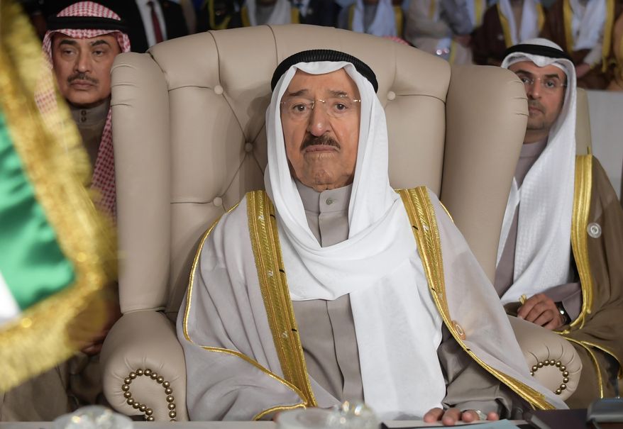 FILE - In this March 31, 2019 file photo, Kuwait&#39;s ruling emir, Sheikh Sabah Al Ahmad Al Sabah, attends the opening of the 30th Arab Summit, in Tunis, Tunisia. Kuwait state television said Tuesday, Sept. 29, 2020, the country&#39;s 91-year-old ruler, Sheikh Sabah Al Ahmad Al Sabah, had died. (Fethi Belaid/Pool Photo via AP, File)