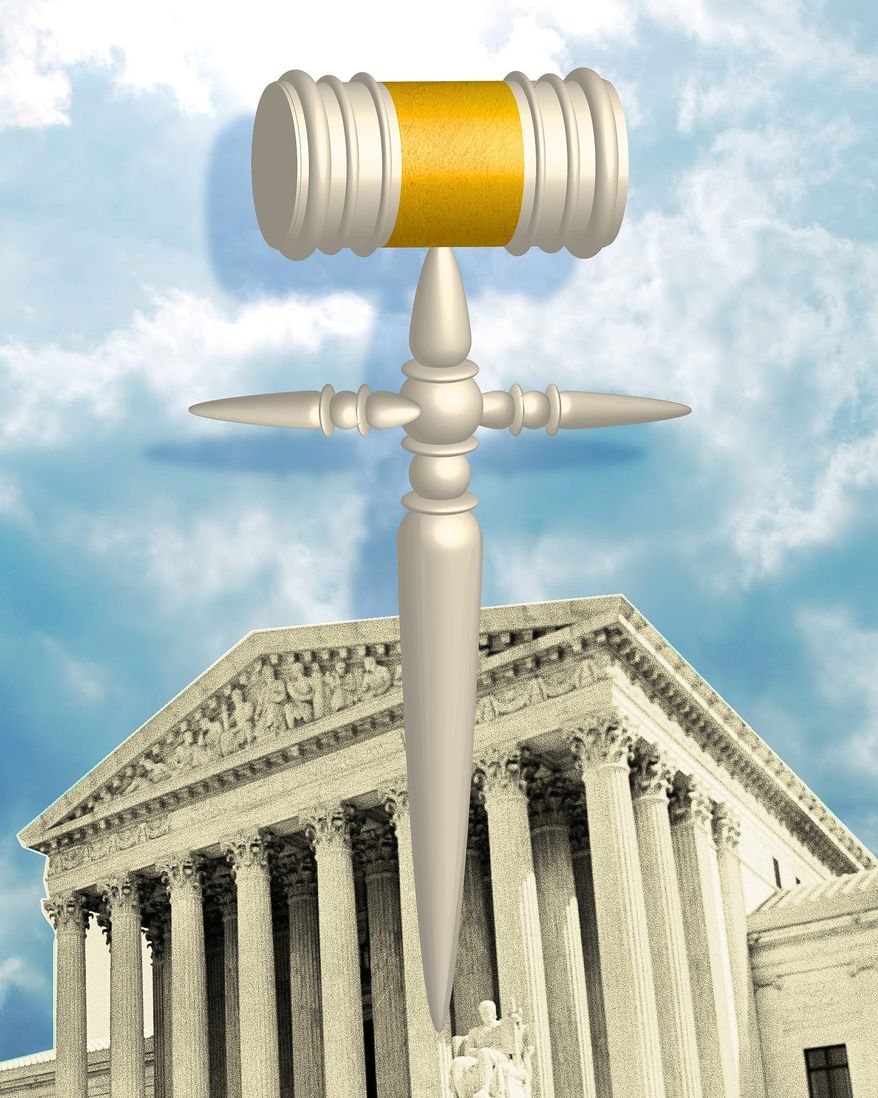 Illustration on the Catholic vote and the Supreme Court by Linas Garsys/The Washington times