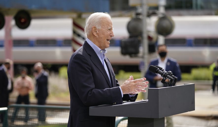 Democratic presidential candidate former Vice President Joe Biden speaks at Amtrak&#39;s Cleveland Lakefront train station, Wednesday, Sept. 30, 2020, in Cleveland. Biden is on a train tour through Ohio and Pennsylvania today. (AP Photo/Andrew Harnik)