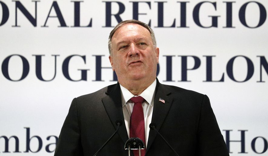 U.S. Secretary of State Mike Pompeo delivers his speech during the "Advancing and Defending International Religious Freedom Through Diplomacy" symposium, in Rome, Wednesday, Sept. 30, 2020. (Guglielmo Mangiapane/Pool Photo via AP)