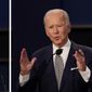 In this combination image of two photos showing both President Donald Trump, left, and former Vice President Joe Biden during the first presidential debate Tuesday, Sept. 29, 2020, at Case Western University and Cleveland Clinic, in Cleveland, Ohio. (AP Photo/Patrick Semansky)