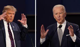 In this combination image of two photos showing both President Donald Trump, left, and former Vice President Joe Biden during the first presidential debate Tuesday, Sept. 29, 2020, at Case Western University and Cleveland Clinic, in Cleveland, Ohio. (AP Photo/Patrick Semansky)