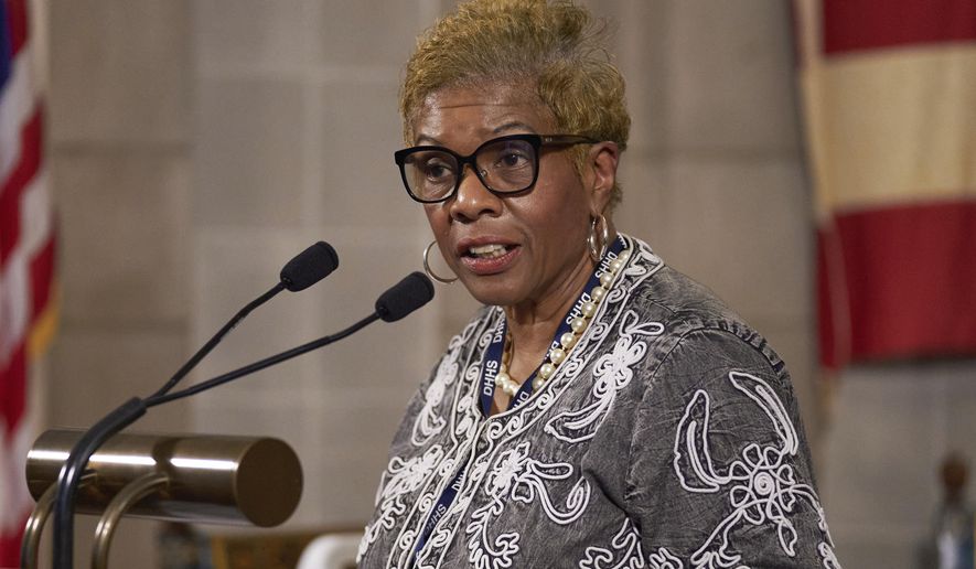 DHHS CEO Dannette Smith speaks during a news conference in Lincoln, Neb., Wednesday, Sept. 30, 2020. Nebraska will officially offer expanded Medicaid coverage to low-income people starting Thursday after years of political battles in the Legislature, a statewide ballot campaign to force the issue and a nearly two-year rollout that left some residents in health care limbo. (AP Photo/Nati Harnik)