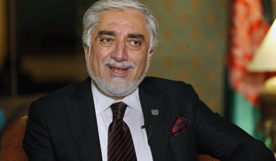 Abdullah Abdullah, chairman of Afghanistan&#x27;s High Council for National Reconciliation, speaks during an interview with The Associated Press, in Islamabad, Pakistan, Wednesday, Sept. 30, 2020. Abdullah ended a three-day visit to Pakistan optimistic the uneasy neighbors had turned a corner away from a relationship marked by suspicion and downright hostility toward one akin to a partnership for peace in the region. (AP Photo/Anjum Naveed)