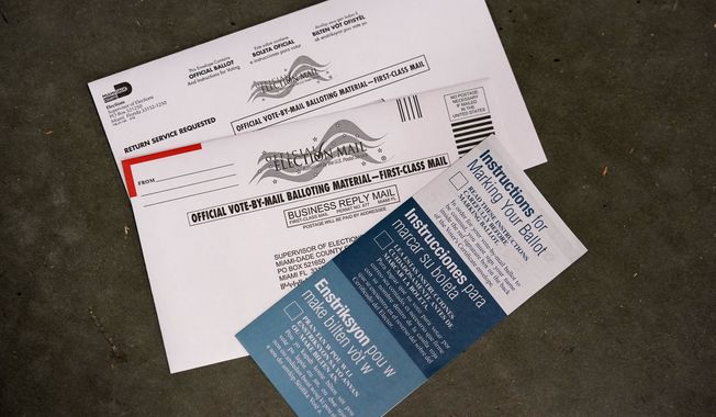 A sample of a vote-by-mail ballot is shown at the Miami-Dade County Elections Department, Thursday, Oct. 1, 2020, in Doral, Fla. The department mailed out more than 530,000 vote-by-mail ballots Thursday to voters that requested them for the Nov. 3 general election. (AP Photo/Wilfredo Lee)