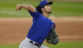 Chicago Cubs starting pitcher Yu Darvish throws to a Chicago White Sox batter during the first inning of a baseball game in Chicago, Friday, Sept. 25, 2020. (AP Photo/Nam Y. Huh)