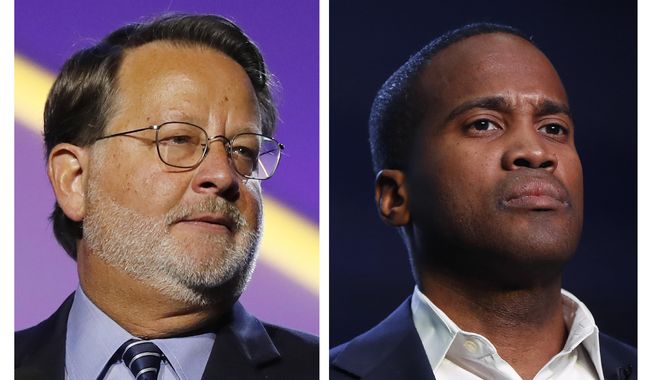 FILE - In this combination of 2018 and 2019 file photos are, from left, Democratic U.S. Sen. Gary Peters, D-Mich., and Republican U.S. Senate candidate John James. Money is abundant in Michigan&#x27;s competitive U.S. Senate race between Peters and James. A campaign-finance expert projects spending will top a staggering $100 million by Election Day. (AP Photos, File)