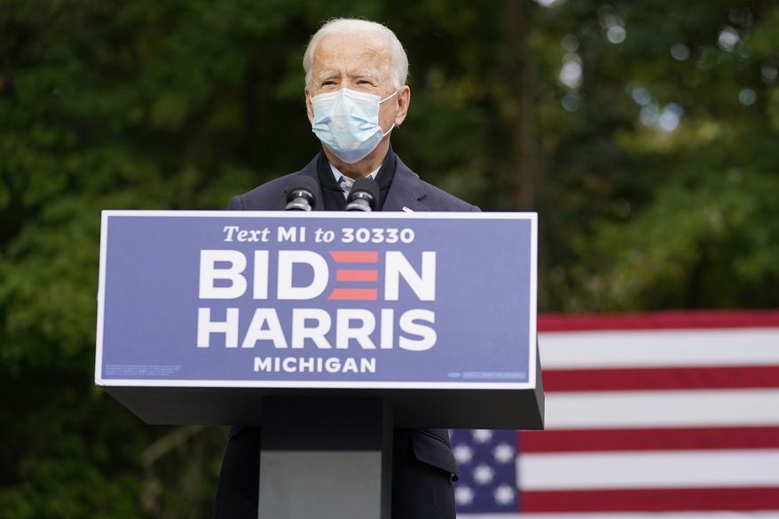 Democratic presidential candidate former Vice President Joe Biden speaks at United Food & Commercial Workers Union Local 951 in Grand Rapids, Mich., Friday, Oct. 2, 2020. (AP Photo/Andrew Harnik)