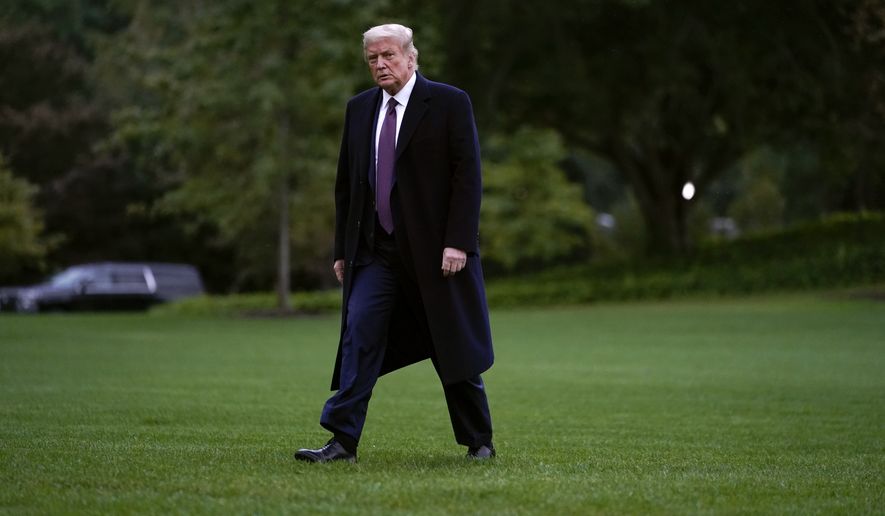 In this Thursday, Oct. 1, 2020, photo, President Donald Trump walks from Marine One to the White House in Washington as he returns from Bedminster, N.J. On Friday, Oct. 2, 2020, (AP Photo/Carolyn Kaster) **FILE**
