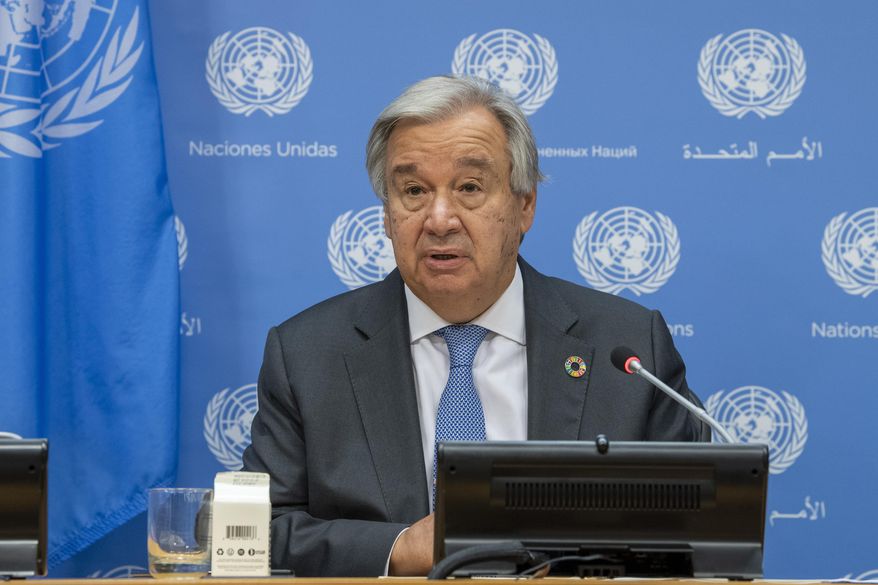 In this photo provided by the United Nations, Secretary-General Antonio Guterres briefs reporters during the 75th session of the United Nations General Assembly, Tuesday, Sept. 29, 2020, at U.N. headquarters in New York. (Rick Bajornas/UN Photo via AP) ** FILE **