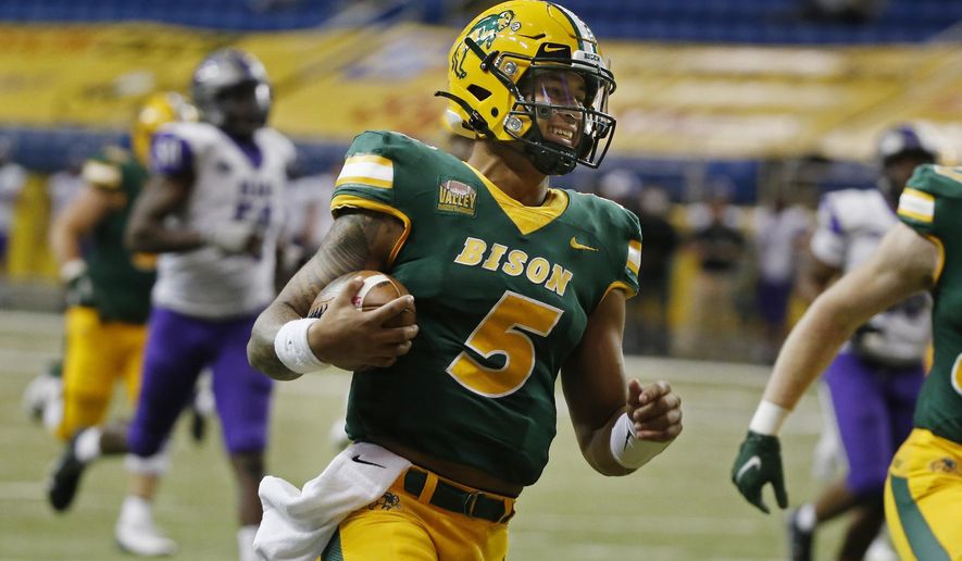 North Dakota State quarterback Trey Lance runs for a touchdown against Central Arkansas in the third quarter of an NCAA college football game Saturday, Oct. 3, 2020, in Fargo, N.D. North Dakota State won 39-28. (AP Photo/Bruce Kluckhohn)