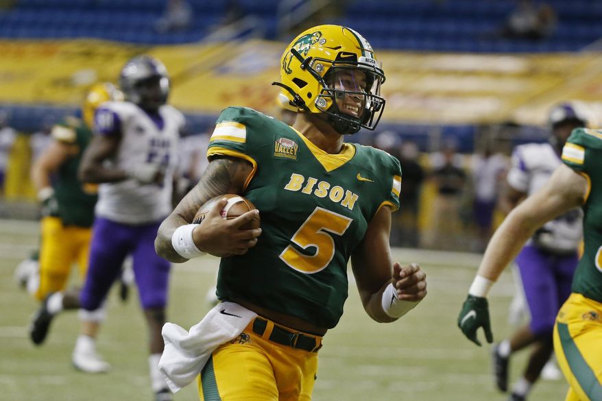 North Dakota State quarterback Trey Lance runs for a touchdown against Central Arkansas in the third quarter of an NCAA college football game Saturday, Oct. 3, 2020, in Fargo, N.D. North Dakota State won 39-28. (AP Photo/Bruce Kluckhohn)