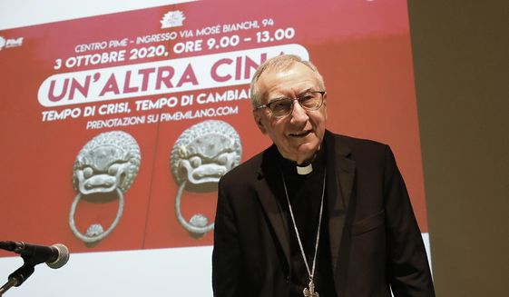 The Vatican secretary of state Cardinal Pietro Parolin attends at the 150th anniversary of the arrival of Catholic missionaries in China from an Italian religious order meeting, in Milan, Italy, Saturday, Oct. 3, 2020. The Vatican doubled down Saturday on its intent to pursue continued dialogue with China over bishop nominations, defending the deal as necessary to the life of the Catholic Church there over strong U.S. objections. (AP Photo/Antonio Calanni)