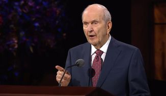 In this Saturday, Oct. 3, 2020, video image streamed by The Salt Lake Temple of The Church of Jesus Christ of Latter-day Saints, church President Russell M. Nelson speaks during the opening of the 190th Semiannual General Conference at the Conference Center Theater on Temple Square in Salt Lake City. The twice-annual conference kicked off Saturday without anyone attending in person and top leaders sitting some 6-feet apart inside an empty room as the faith takes precautions to avoid the spread of the coronavirus. A livestream of the conference showed a few of the faith&#39;s top leaders sitting alone inside a small auditorium in Salt Lake City, Normally, top leaders sit side-by-side on stage with the religion&#39;s well-known choir behind them and some 20,000 people watching. (The Church of Jesus Christ of Latter-day Saints via AP)