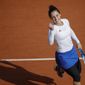 Italy&#39;s Martina Trevisan clenches her fist after scoring a point against Netherlands&#39; Kiki Bertens in the fourth round match of the French Open tennis tournament at the Roland Garros stadium in Paris, France, Sunday, Oct. 4, 2020. (AP Photo/Christophe Ena)