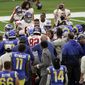 Players from the New York Giants and Los Angeles Rams scuffle at the end of an NFL football game Sunday, Oct. 4, 2020, in Inglewood, Calif. (AP Photo/Jae C. Hong )