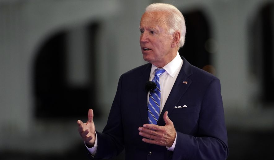 Democratic presidential candidate former Vice President Joe Biden speaks at a NBC Town Hall at Pérez Art Museum, Monday, Oct. 5, 2020, in Miami. (AP Photo/Andrew Harnik)