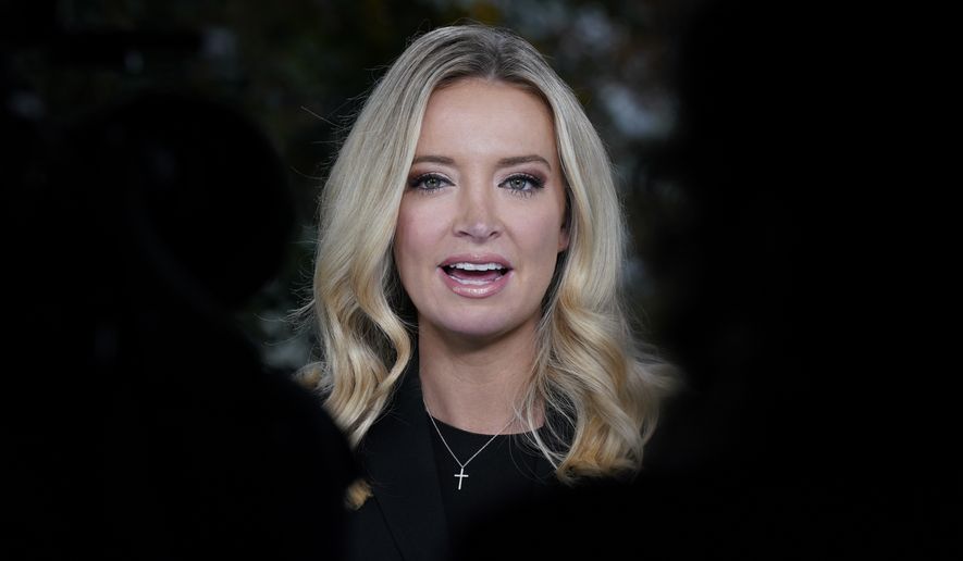 White House press secretary Kayleigh McEnany, is interviewed by Fox News, Sunday, Oct. 4, 2020, at the White House in Washington. (AP Photo/Jacquelyn Martin)