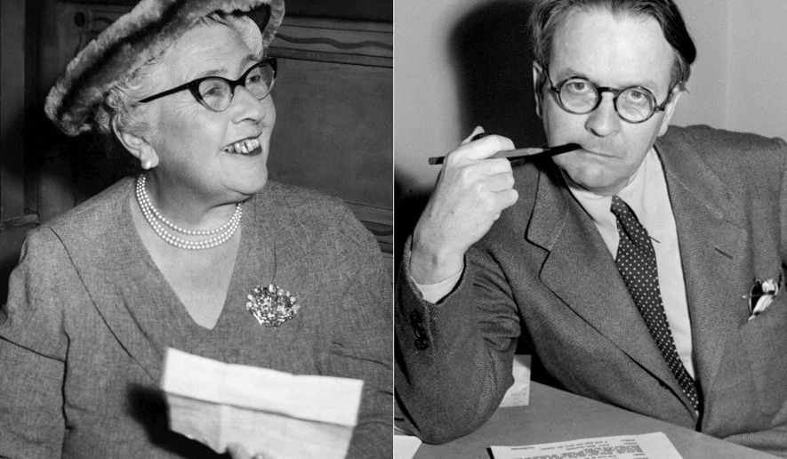 This combination photo shows mystery writers Agatha Christie in 1957, left, and Raymond Chandler in 1946. Work from both writers  appear in the new issue of Strand Magazine, a quarterly which has published obscure work by John Steinbeck, Mark Twain and William Faulkner among others. (AP Photo)