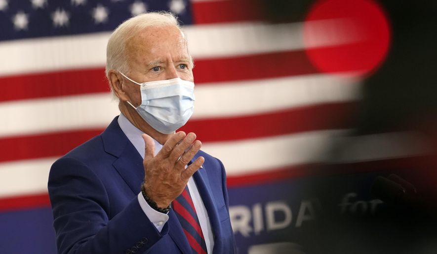 Democratic presidential candidate former Vice President Joe Biden speaks at Jose Marti Gym, Monday, Oct. 5, 2020, in Miami. (AP Photo/Andrew Harnik)