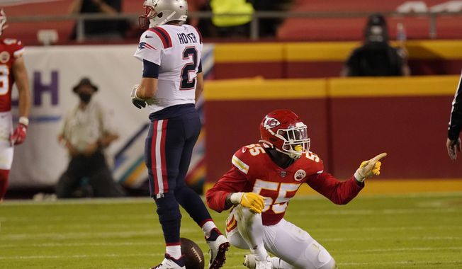Kansas City Chiefs defensive end Frank Clark (55) celebrates after sacking New England Patriots quarterback Brian Hoyer (2) during the first half of an NFL football game, Monday, Oct. 5, 2020, in Kansas City. (AP Photo/Charlie Riedel)  **FILE**