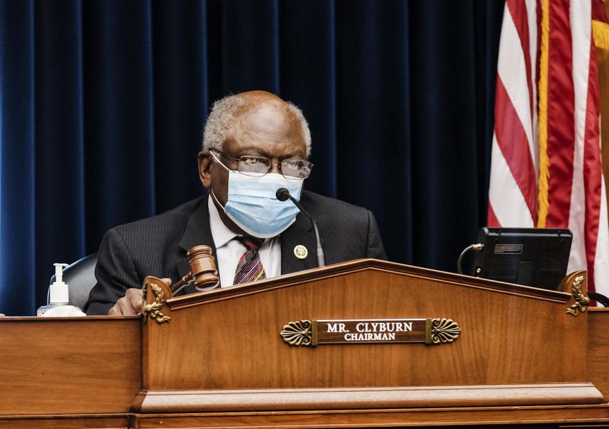 Committee Chairman James Clyburn, D-S.C., talks as Secretary of Health and Human Services Alex Azar testifies to the House Select Subcommittee on the Coronavirus Crisis, on Capitol Hill in Washington, Friday, Oct. 2, 2020. (Michael A. McCoy/The New York Times via AP, Pool)