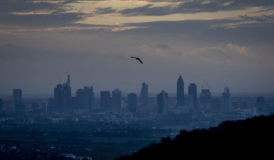 A bird flies over the buildings of the banking districts in Frankfurt, Germany, Tuesday, Oct. 6, 2020. (AP Photo/Michael Probst)