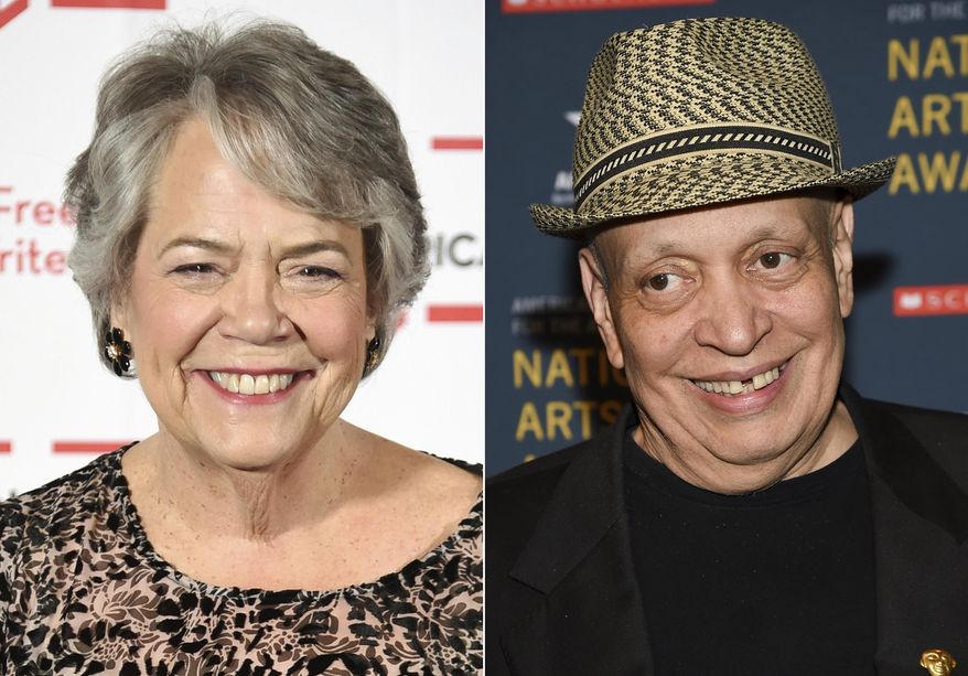 Carolyn Reidy appears at the 2018 PEN Literary Gala in New York on May 22, 2018, left, and Walter Mosley appears at the 2018 National Art Awards in New York on Oct. 22, 2018. The National Book Awards winners will be announced during an online ceremony Nov. 18, with honorary medals to be presented to Mosley and posthumously to Simon & Schuster CEO Carolyn Reidy. (AP Photo)
