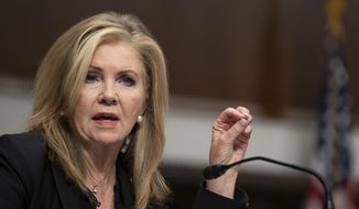In this file photo, Sen. Marsha Blackburn, R-Tenn., speaks during a Senate Judiciary Committee hearing on Capitol Hill in Washington, Wednesday, Sept. 30, 2020, to examine the FBI &quot;Crossfire Hurricane&quot; investigation. (Stefani Reynolds/Pool via AP)  ** FILE **