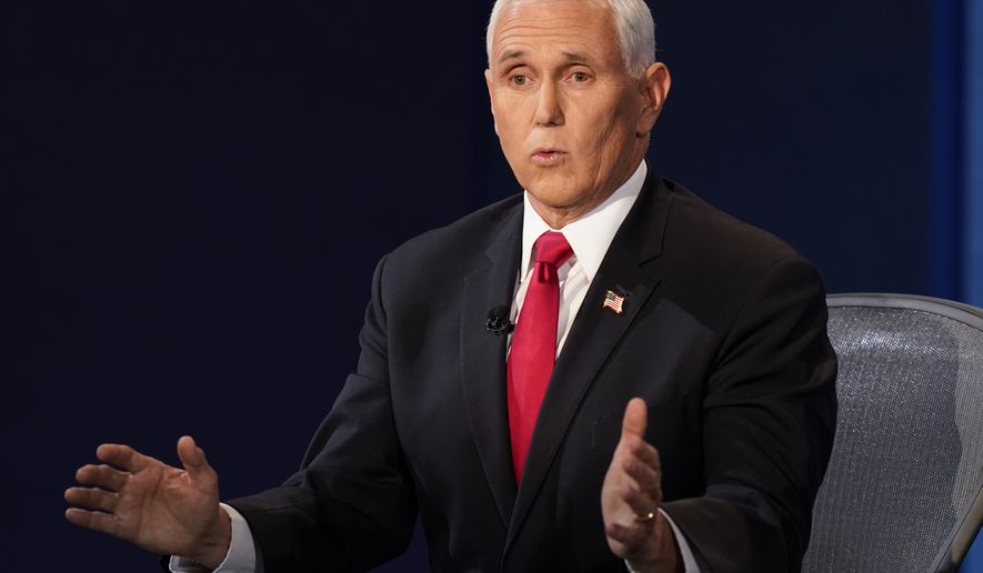 Vice President Mike Pence responds to a question during the vice presidential debate with Democratic vice presidential candidate Sen. Kamala Harris, D-Calif., Wednesday, Oct. 7, 2020, at Kingsbury Hall on the campus of the University of Utah in Salt Lake City. (AP Photo/Patrick Semansky)