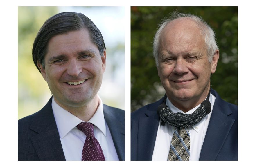 State Rep. Mike Pellicciotti, left, poses for a photo Oct. 6, 2020, in Federal Way, Wash. State Treasurer Duane Davidson, right, poses for a photo Oct. 2, 2020, in Olympia, Wash. Pellicciotti, a Democrat, is challenging Davidson, a Republican and the incumbent, in the upcoming election for state treasurer. (AP Photo/Ted S. Warren)
