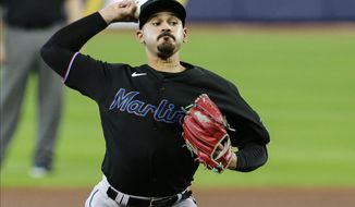 Miami Marlins&#x27; Pablo Lopez delivers a pitch during the second inning in Game 2 of a baseball National League Division against the Atlanta Braves Series Wednesday, Oct. 7, 2020, in Houston. (AP Photo/Michael Wyke)
