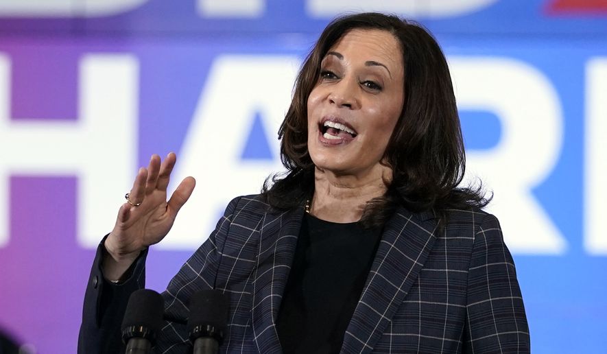 Democratic vice presidential candidate Sen. Kamala Harris, D-Calif., speaks at the Carpenters Local Union 1912 in Phoenix, Thursday, Oct. 8, 2020, to kick off a small business bus tour. (AP Photo/Carolyn Kaster)
