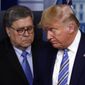 In this March 23, 2020, file photo President Donald Trump moves from the podium to allow Attorney General William Barr to speak about the coronavirus in the James Brady Briefing Room in Washington. The relationship between President Donald Trump and top ally Attorney General William Barr is fraying over the lack of splashy indictments so far in the Justice Department&#39;s investigation into the origins of the Russia probe, according to people familiar with the matter. (AP Photo/Alex Brandon, File)
