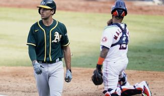 Oakland Athletics&#x27; Matt Olson, left, walks to the dugout after striking out against the Houston Astros during the eighth inning of Game 4 of a baseball American League Division Series in Los Angeles, Thursday, Oct. 8, 2020. At right is Astros catcher Martin Maldonado. (AP Photo/Marcio Jose Sanchez)