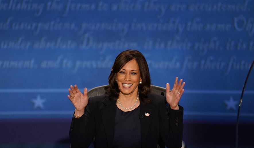 Democratic vice presidential candidate Sen. Kamala Harris, D-Calif., responds during the vice presidential debate with Vice President Mike Pence Wednesday, Oct. 7, 2020, at Kingsbury Hall on the campus of the University of Utah in Salt Lake City. (AP Photo/Julio Cortez)