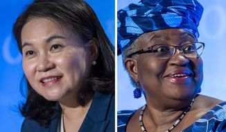 FILE - This  file photo combo shows the candidates for the WTO Director-General selection process at the headquarters of the World Trade Organization (WTO) in Geneva, Switzerland, pictured from Wednesday to Friday, July 15 - 17, 2020, Yoo Myung-hee, of Korea, left and Ngozi Okonjo-Iweala, of Nigeria. The World Trade Organization says South Korea’s trade minister and a Harvard-trained former Nigerian finance minister have qualified as the two finalists to become the next director-general, ensuring a woman in the top job for the first time. WTO spokesman Keith Rockwell said Thursday, Oct. 8, 2020 that a selection committee found Ngozi Okonjo-Iweala of Nigeria and Yoo Myung-hee of South Korea qualified for the final round in a race expected to end in the coming weeks. (Martial Trezzini, Salvatore Di Nolfi/Keystone via AP, File)