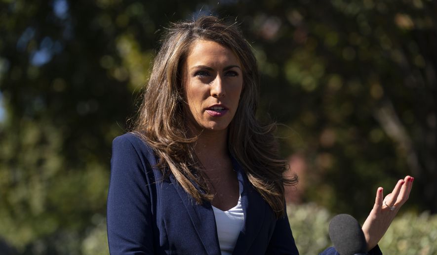 Then-White House Director of Strategic Communications Alyssa Farah talks to reporters outside the White House, Thursday, Oct. 8, 2020, in Washington. (AP Photo/Evan Vucci) ** FILE **