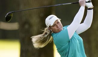 Brittany Lincicome watches her tee shot on the sixth hole during the first round of the KPMG Women&#39;s PGA Championship golf tournament at the Aronimink Golf Club, Thursday, Oct. 8, 2020, in Newtown Square, Pa. (AP Photo/Matt Slocum)