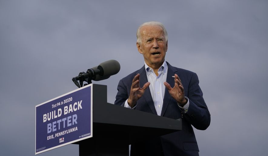 Democratic presidential candidate former Vice President Joe Biden speaks at the Plumbers Local Union No. 27 training center, Saturday, Oct. 10, 2020, in Erie, Pa. (AP Photo/Carolyn Kaster)