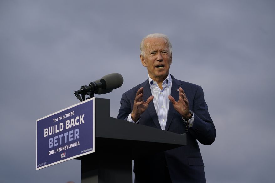 Democratic presidential candidate former Vice President Joe Biden speaks at the Plumbers Local Union No. 27 training center, Saturday, Oct. 10, 2020, in Erie, Pa. (AP Photo/Carolyn Kaster)