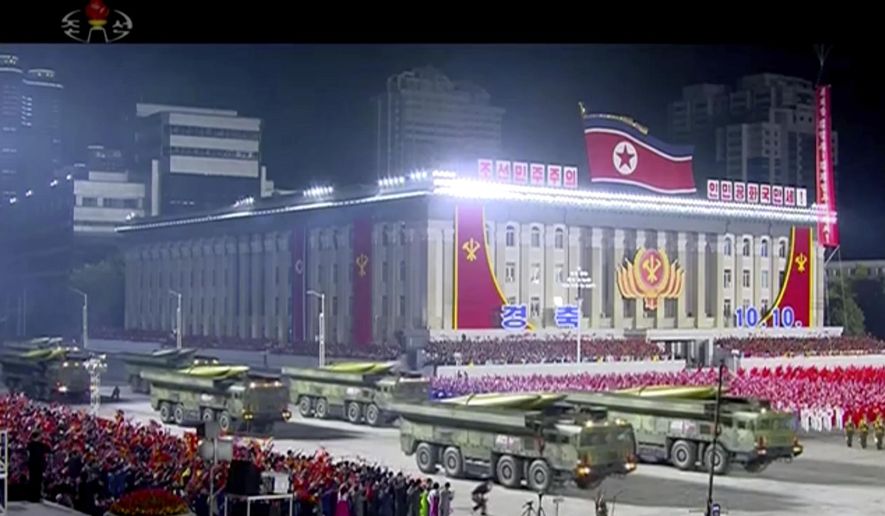 In this image made from video broadcasted by North Korea&#x27;s KRT, military parade is held to mark the 75th anniversary of the country’s ruling party in Pyongyang Saturday, Oct. 10, 2020.(KRT via AP)  
