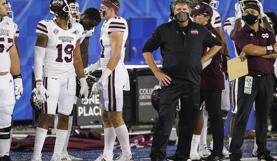 Mississippi State coach Mike Leach stands on the sideline during the second half of the team's NCAA college football game against Kentucky, Saturday, Oct. 10, 2020, in Lexington, Ky. (AP Photo/Bryan Woolston)